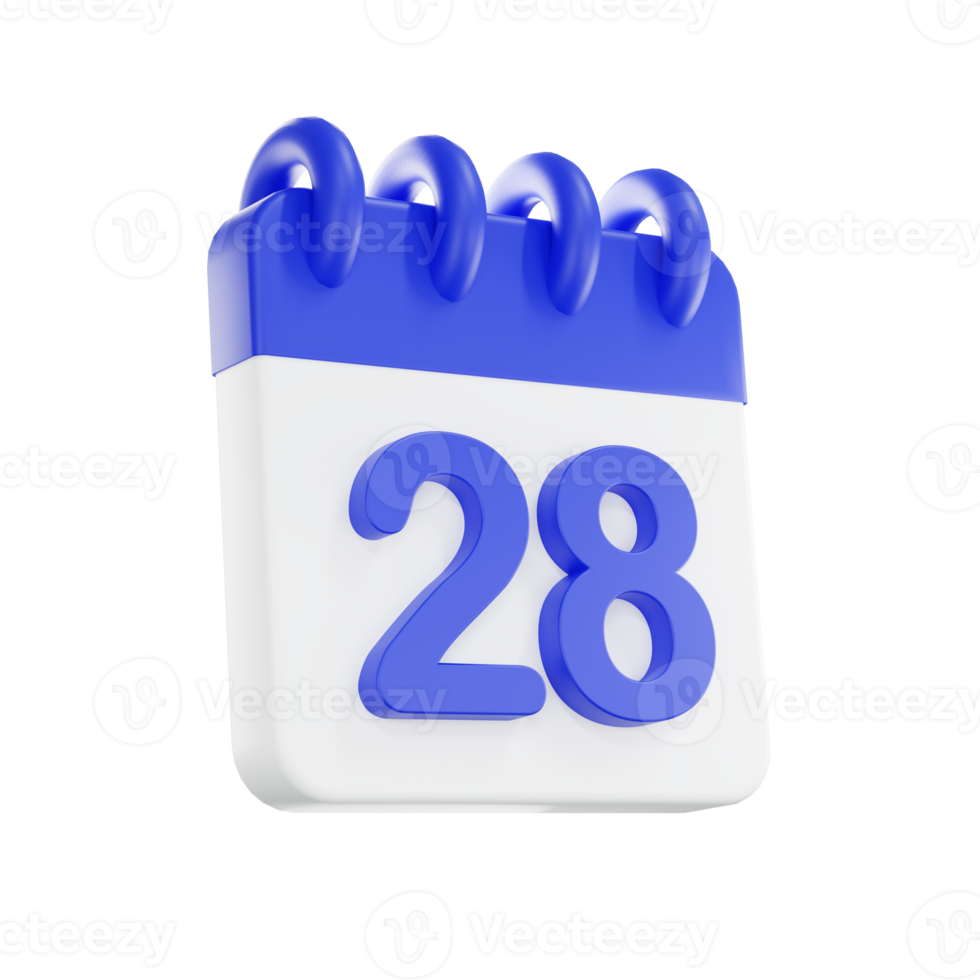 3d rendering calendar icon with a day of 28. Blue and white color. png