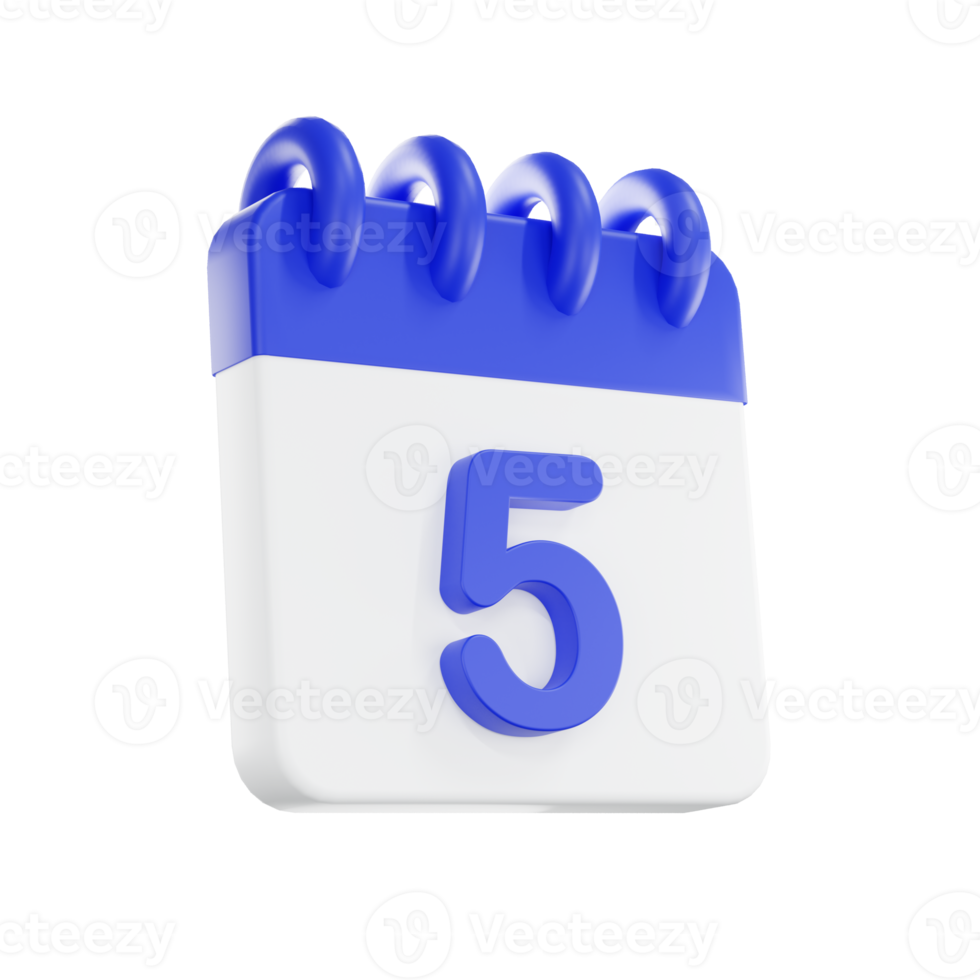 3d rendering calendar icon with a day of 5. Blue and white color. png