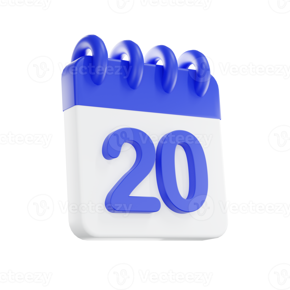 3d rendering calendar icon with a day of 20. Blue and white color. png