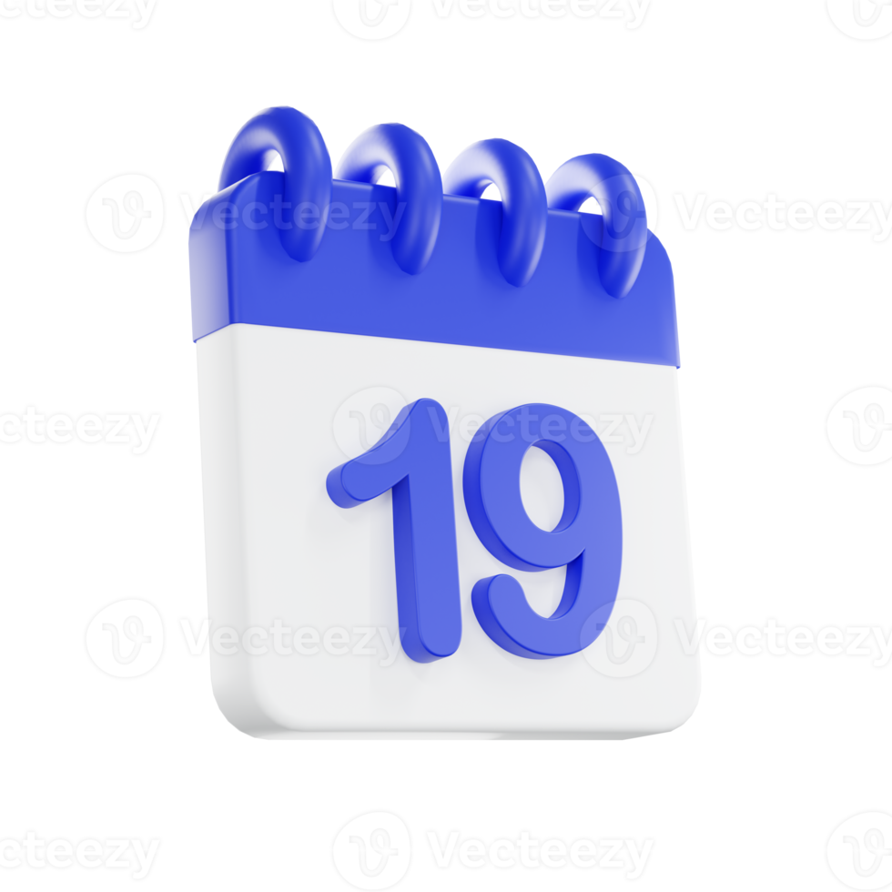 3d tolkning kalender ikon med en dag av 19. blå och vit Färg. png
