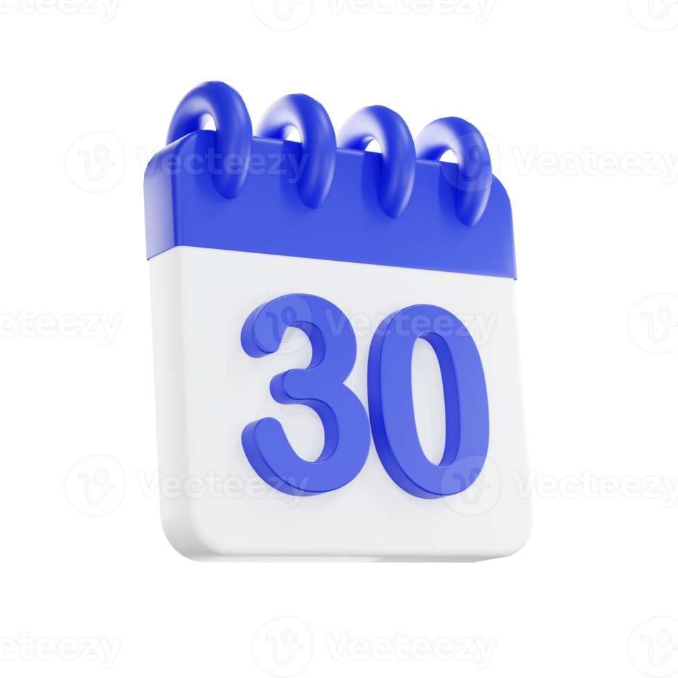 3d rendering calendar icon with a day of 30. Blue and white color. png