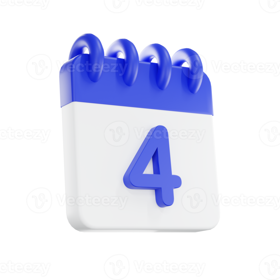 3d rendering calendar icon with a day of 4. Blue and white color. png
