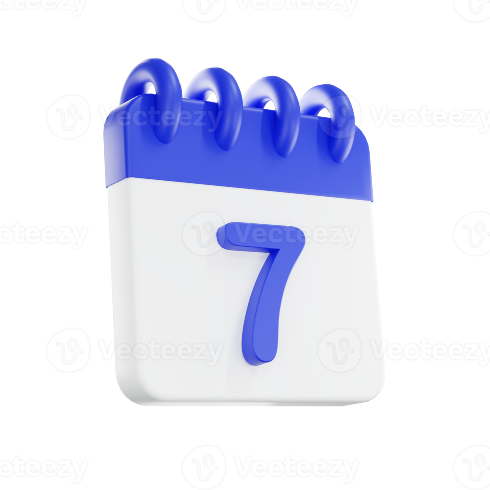 3d rendering calendar icon with a day of 7. Blue and white color. png