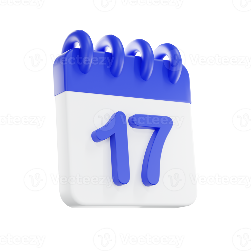 3d rendering calendar icon with a day of 17. Blue and white color. png