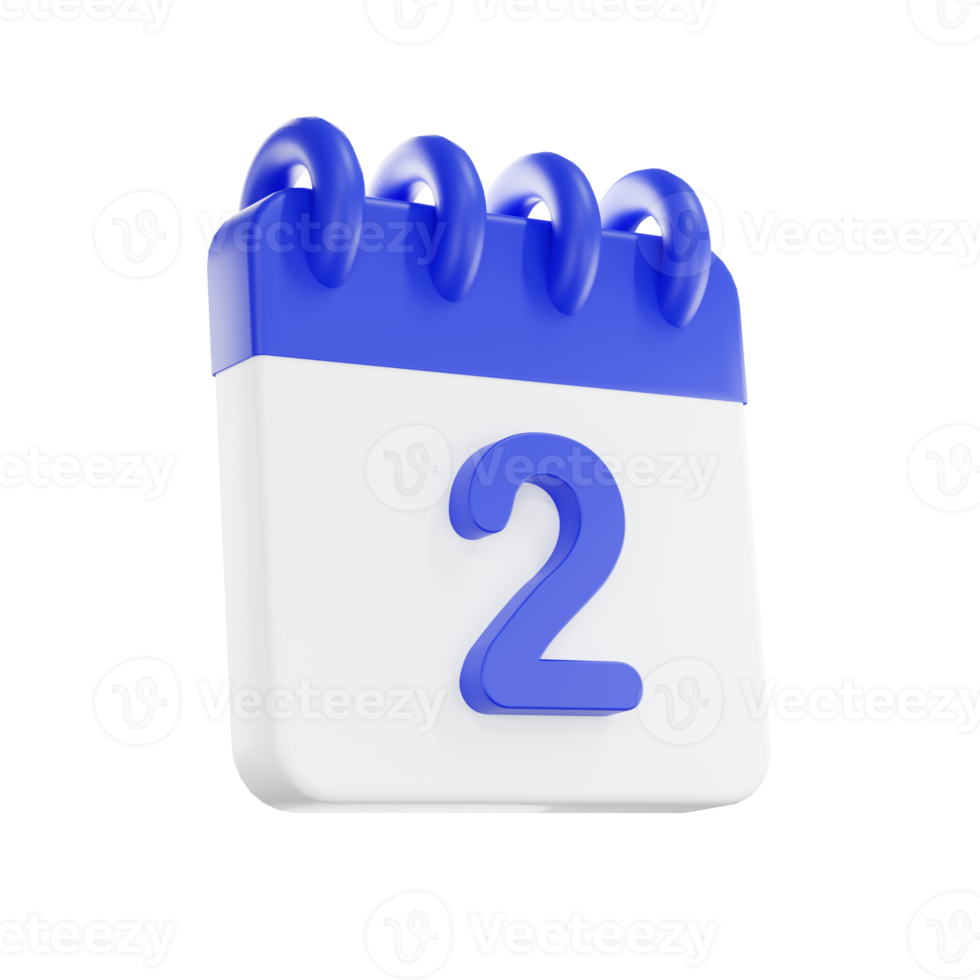 3d rendering calendar icon with a day of 2. Blue and white color. png