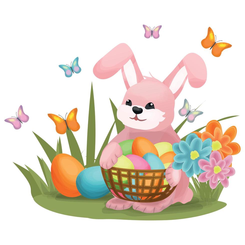 Easter Bunny with a basket of colored eggs on a background of grass, flowers and butterflies. Element for the design of the background of cards, invitations, posters, etc. vector