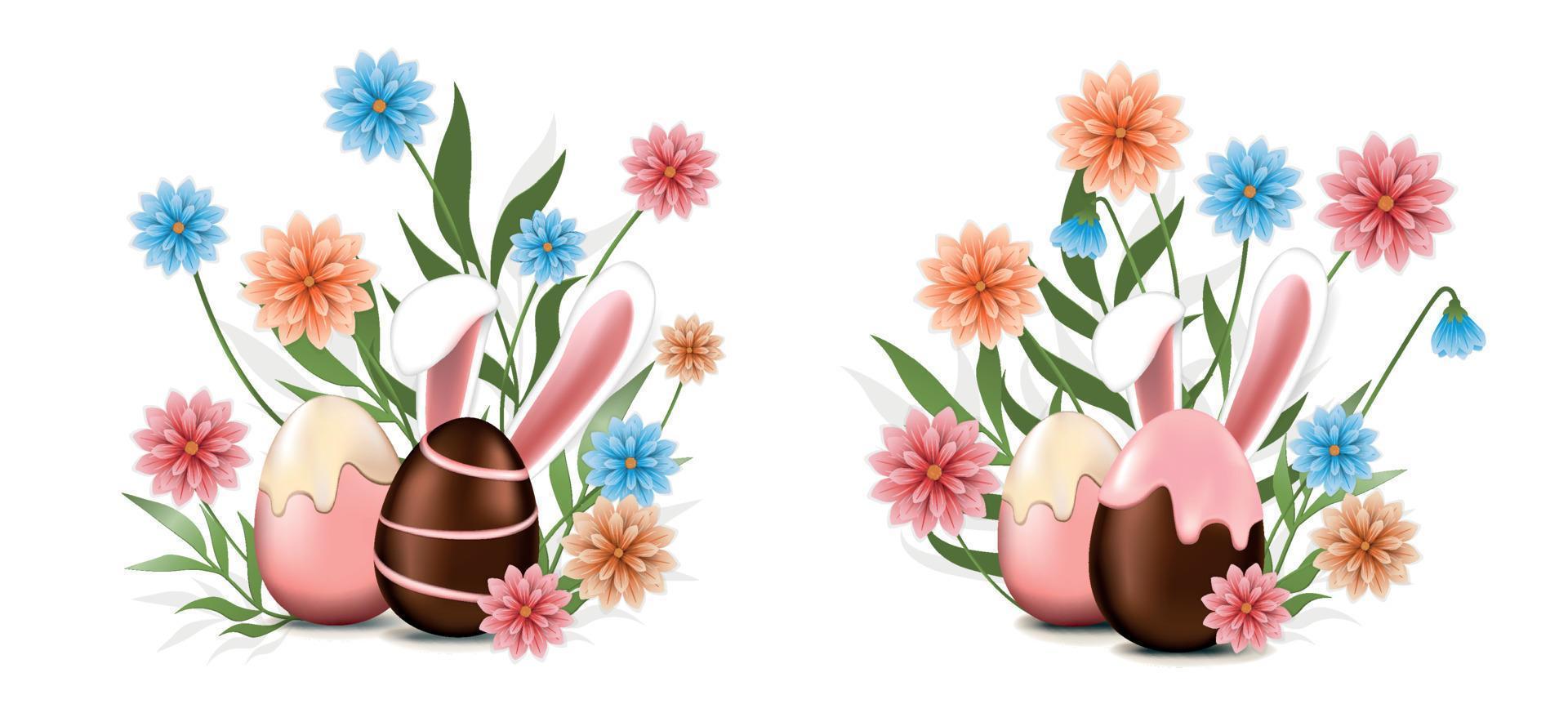 Chocolate eggs, Easter Bunny hidden in flowers. Easter design elements for greeting cards, prints, banners, etc. vector