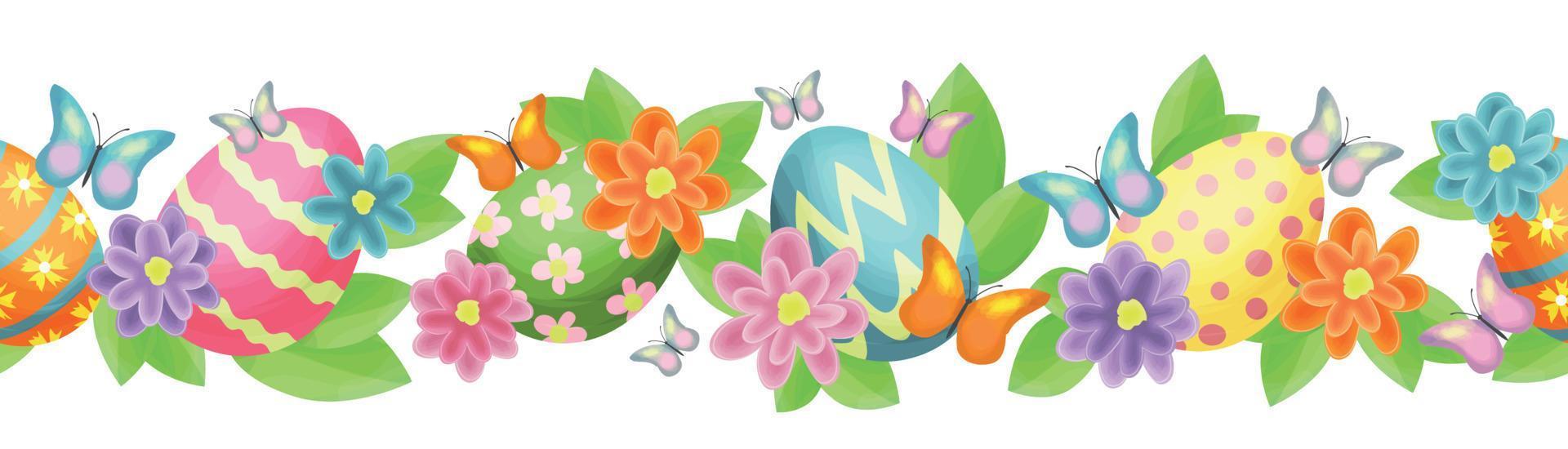 Easter horizontal seamless pattern with flowers, painted eggs and butterflies. The design is great for postcards, banners, textiles, wallpapers. vector