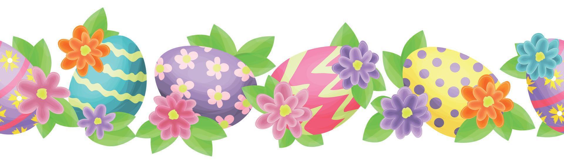Seamless border. Easter eggs on the background of leaves, flowers. The eggs are pink, blue and yellow. Isolated vector illustration