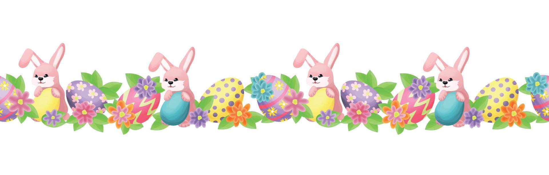 Seamless border with cute bunnies and Easter eggs against a background of leaves, flowers, and butterflies. Eggs in pink, yellow and blue. vector