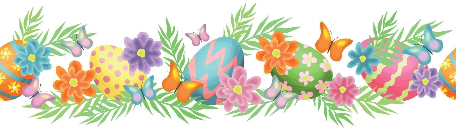 Seamless border with Easter eggs and leaves, flowers, butterflies. The eggs are pink, blue and orange. Isolated vector illustration