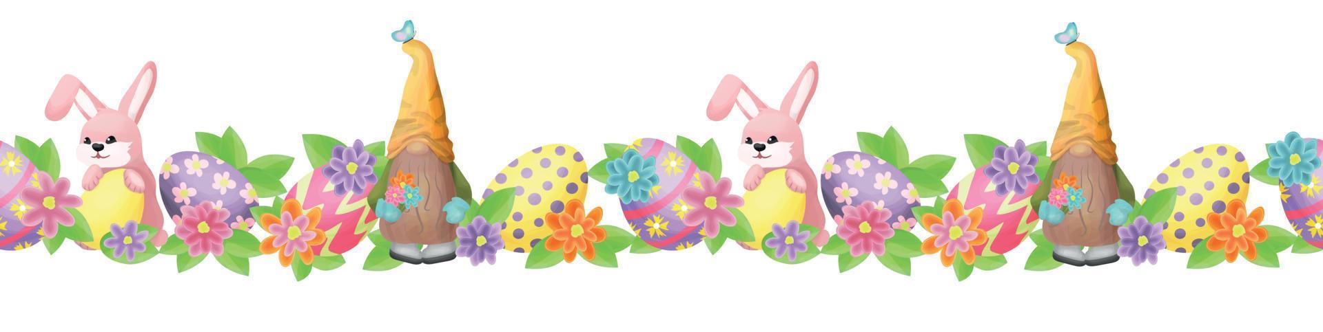 Border with cute rabbits, spring gnomes and easter eggs on the background of leaves, flowers. Design for postcards, fabrics, etc. vector