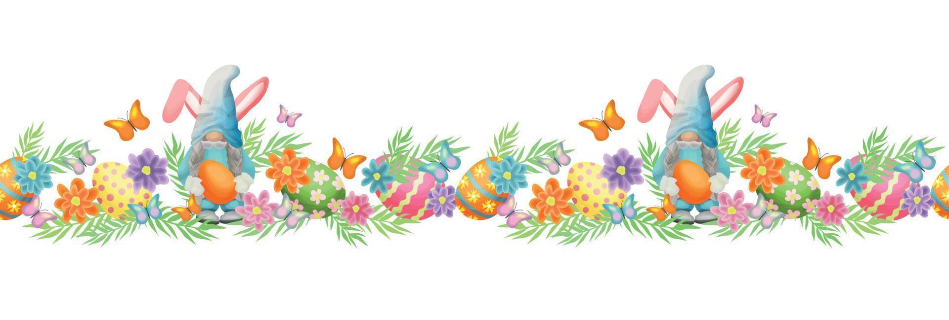 Seamless border with gnomes with bunny ears and Easter eggs on a background of leaves, flowers and butterflies. Designs for cards, banners, fabrics, etc. vector