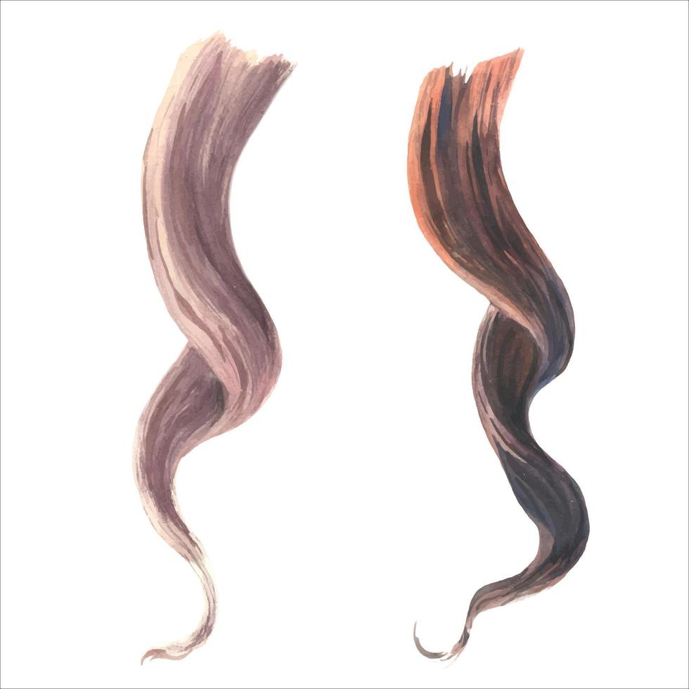 Set of Wavy Strands of Blonde and brown Hair. Watercolor vector Illustration, isolated on white background. Design Element for Hairdressers, Beauty Salons, Hair Care Cosmetics.