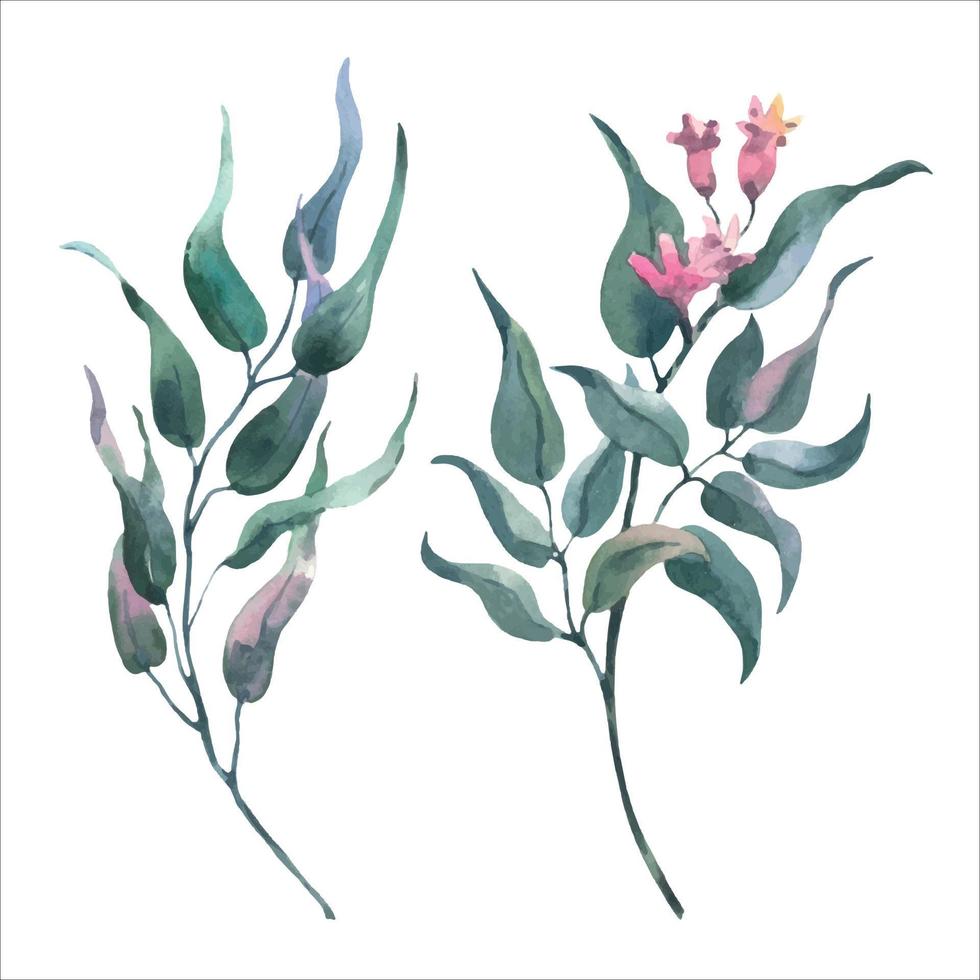 Set of watercolor vector leaves and branches in cold gentle pastel colors. Perfect for postcard printing, scrapbooking