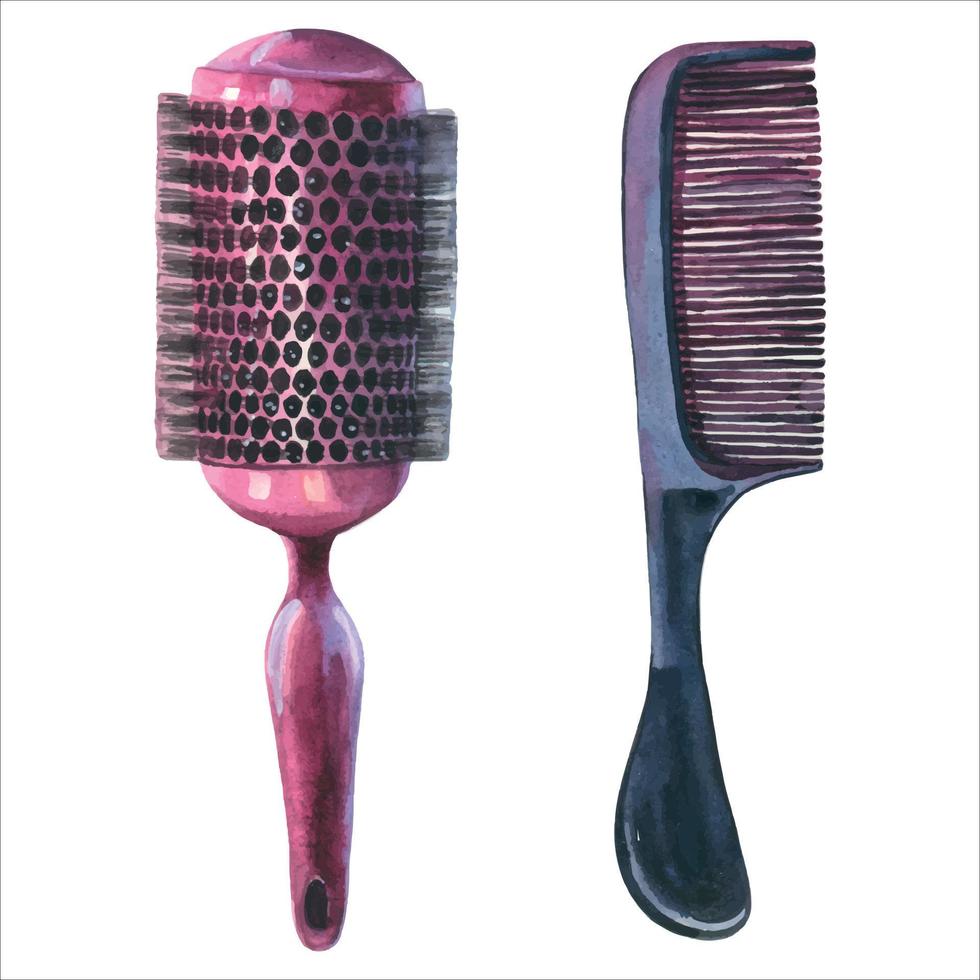 A set of black and burgundy round combs. Means for everyday hair care. Hairdressing equipment watercolor vector illustration for badge, stamp, label, certificate, brochure, flyer, poster.