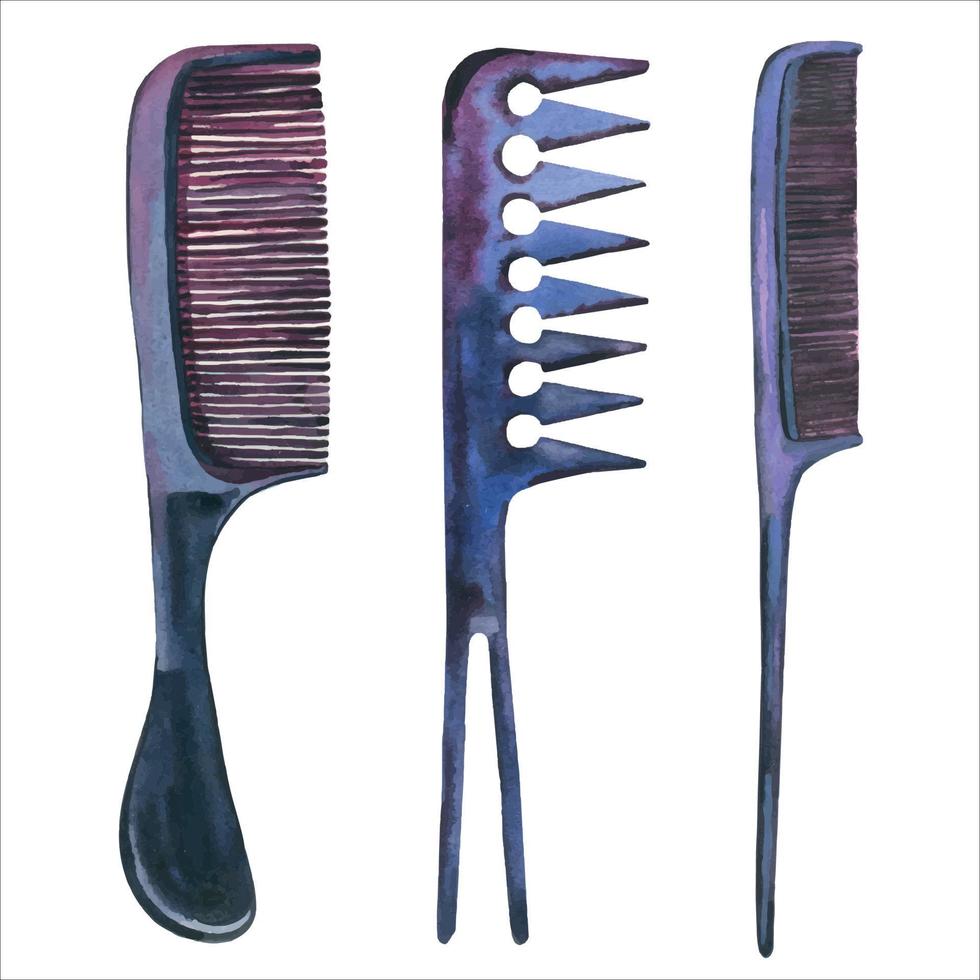 A set of black hairdressing combs with long handles and long frequent and rare teeth. Hand drawn watercolor vector illustration. Isolated on white background.