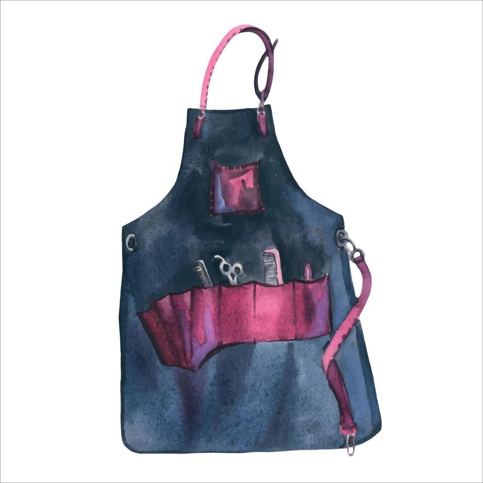 Black barber apron with adjustable leather strap and burgundy pockets, watercolor vector illustration isolated on white background