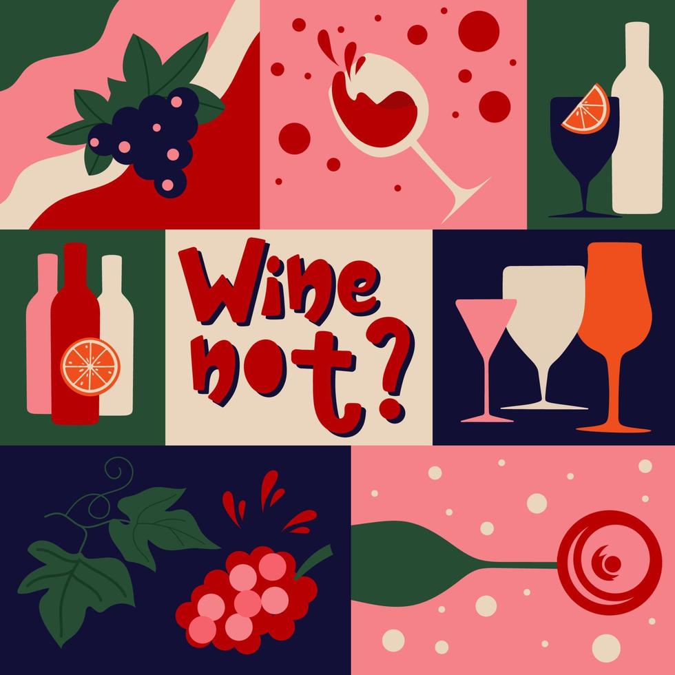 Colorful geometric trendy poster about wine with glasses, bottles, grape and abstract elements. vector