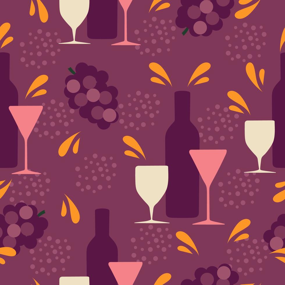 Elegant seamless pattern with wine bottles and glasses, grape and abstract elements in violet color. vector