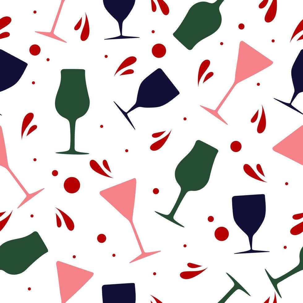 Simple seamless pattern with wine glasses and red drops. vector