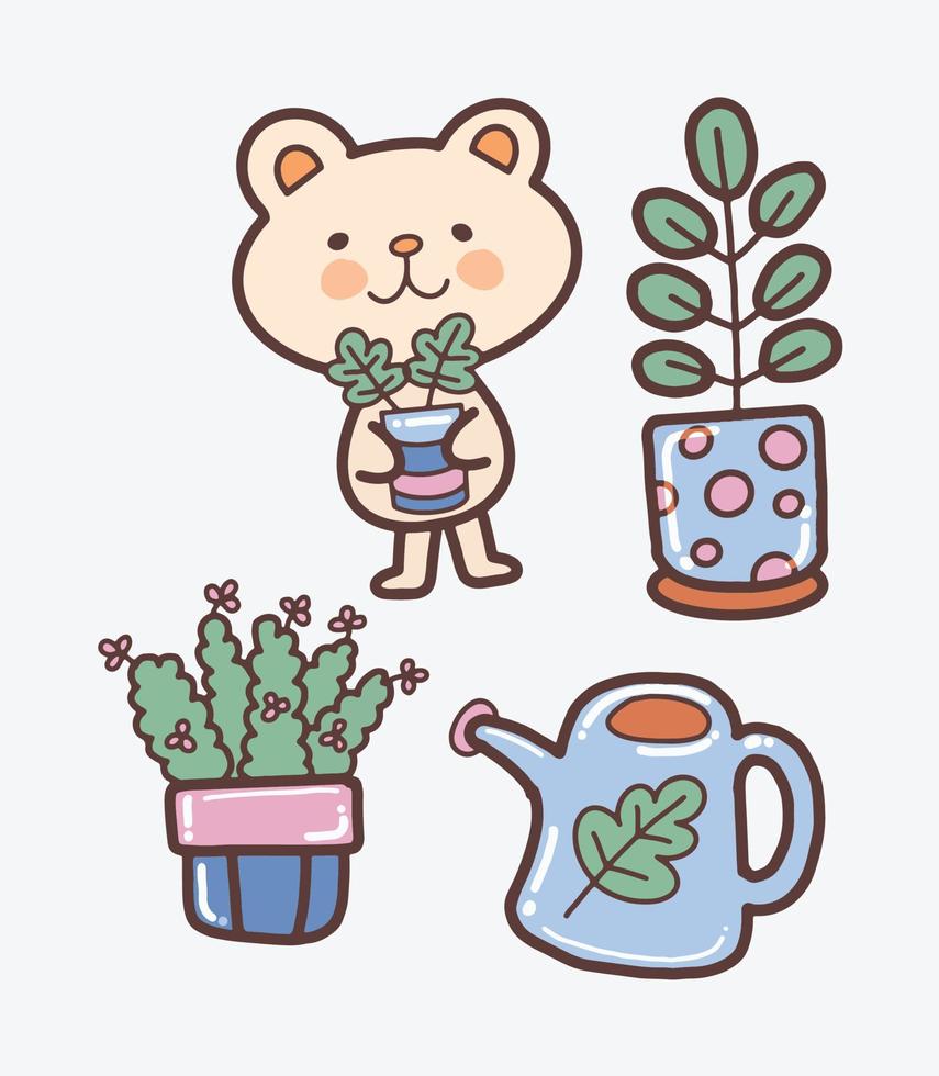 Cute Bear Planting Watering and Gardening Vector