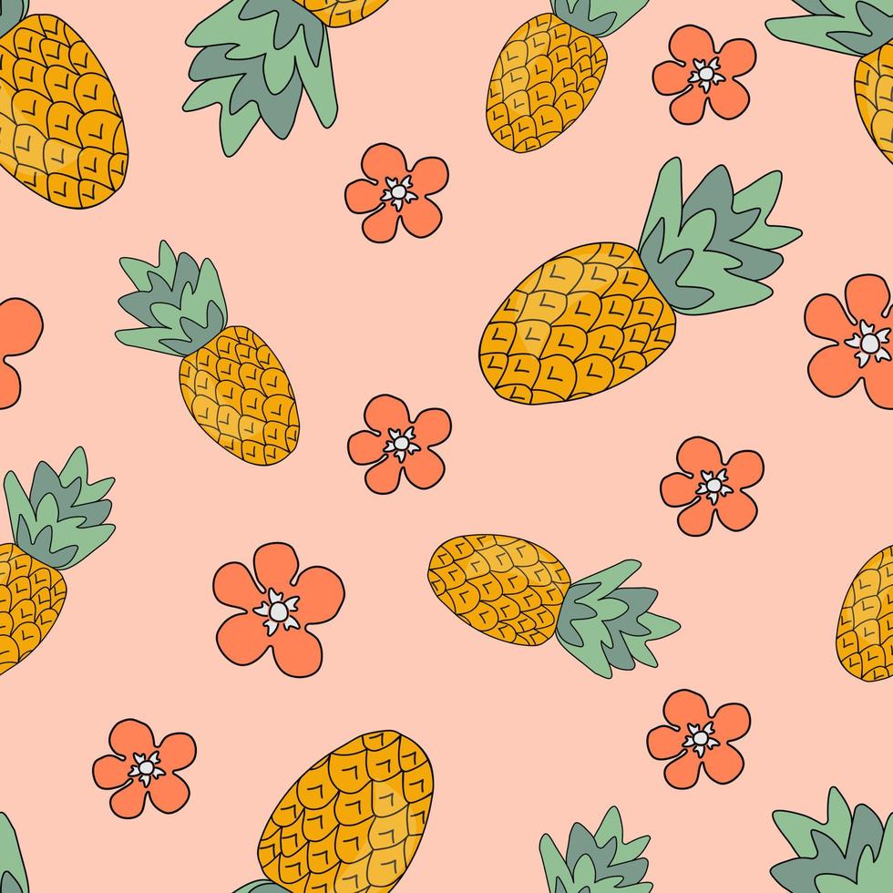 vector illustration seamless pattern of pineapples and pink flowers on pink
