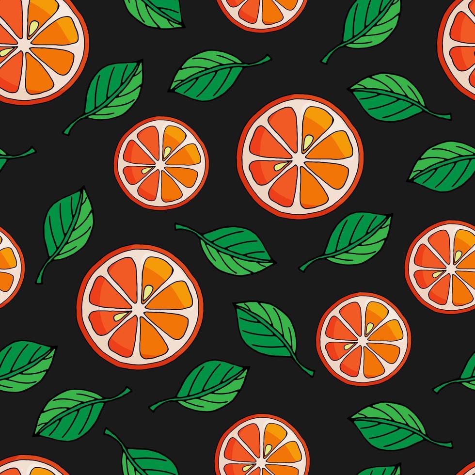 vector illustration seamless pattern orange slices with green leaves on black