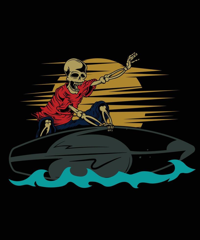 Summer Surfing Skull Beach Wave T-shirt Design vector