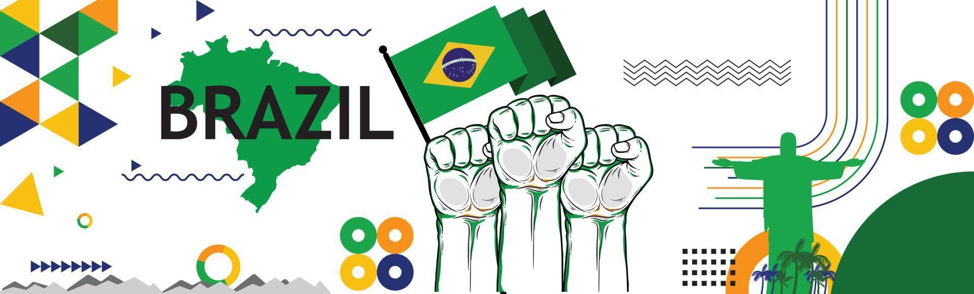 moderno retro diseño con rio puntos de referencia resumen iconos.brasil con bandera y mapa de elevado puños nacional día o independencia día diseño para brasileño celebracion. vector ilustración