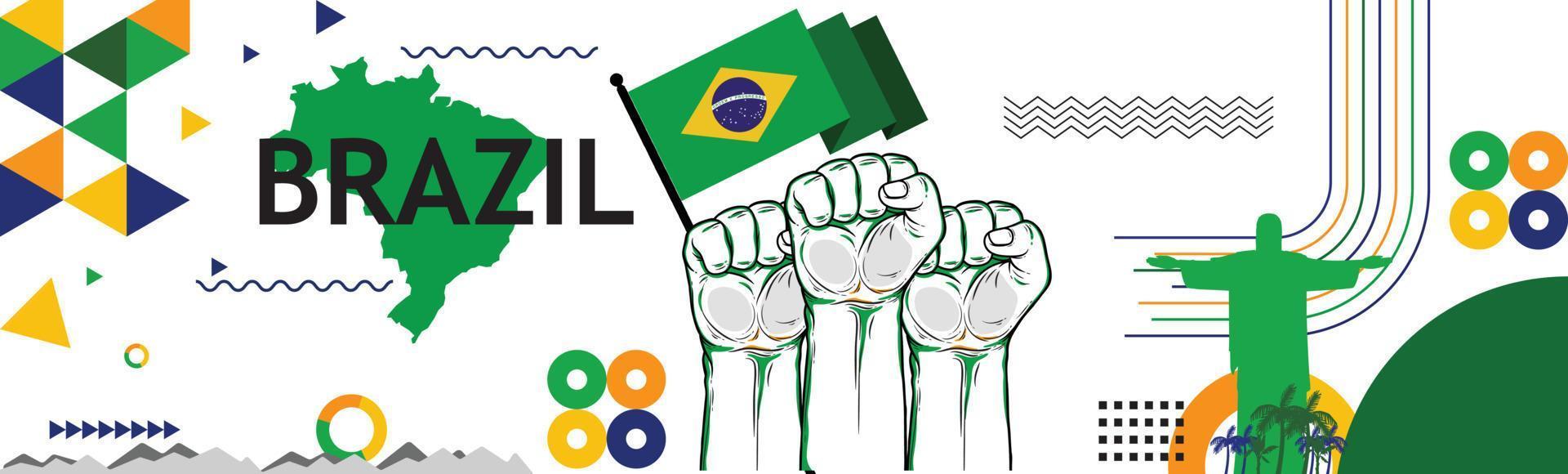 Modern retro design with Rio landmarks abstract icons.Brazil with Flag and map of raised fists. National day or Independence day design for Brazilian celebration.  Vector illustration