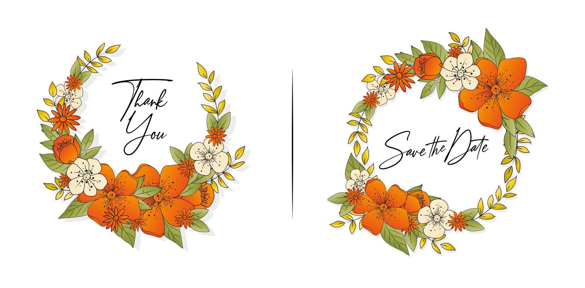 autumn leaves and flower border illustration of flower wreath with vibrant color isolated white background, applicable for wedding invitation, greeting card, birthday decoration frame, banner label vector