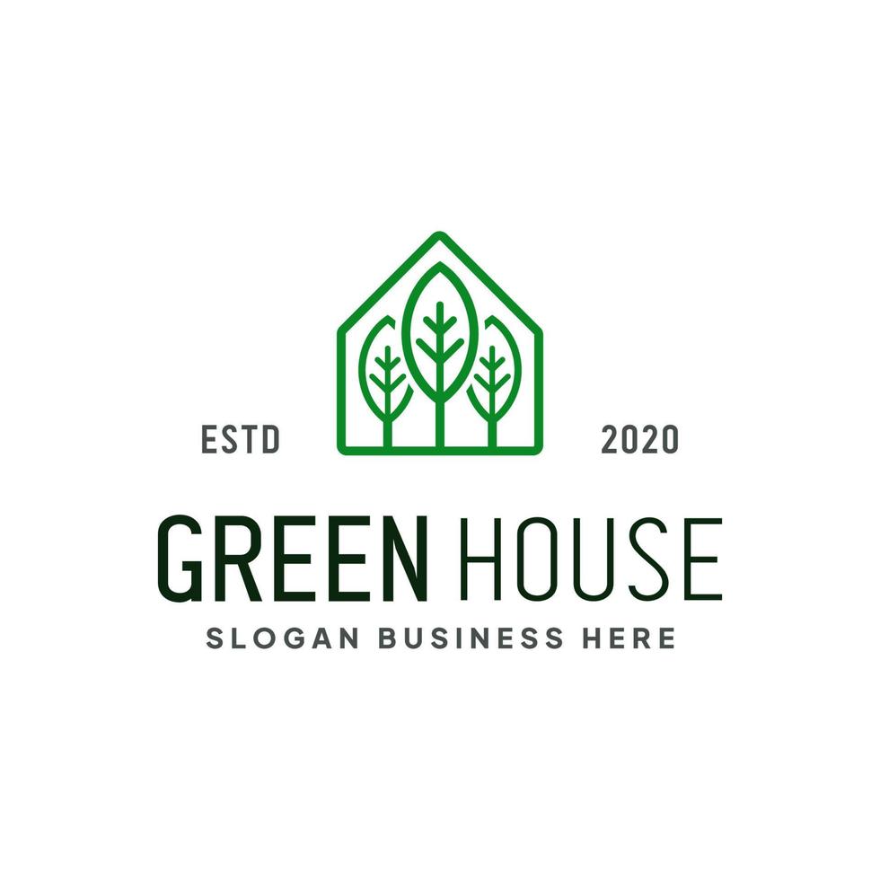 Minimalist home line logo with green tree. vector