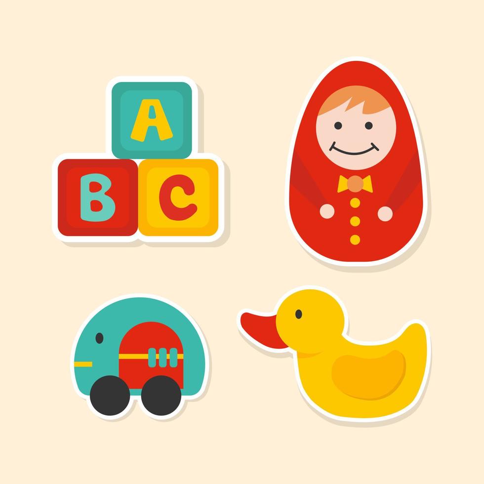 Children Toys cartoon vector icons set. Set of 4 toys stickers. Hand drawn vector illustration.