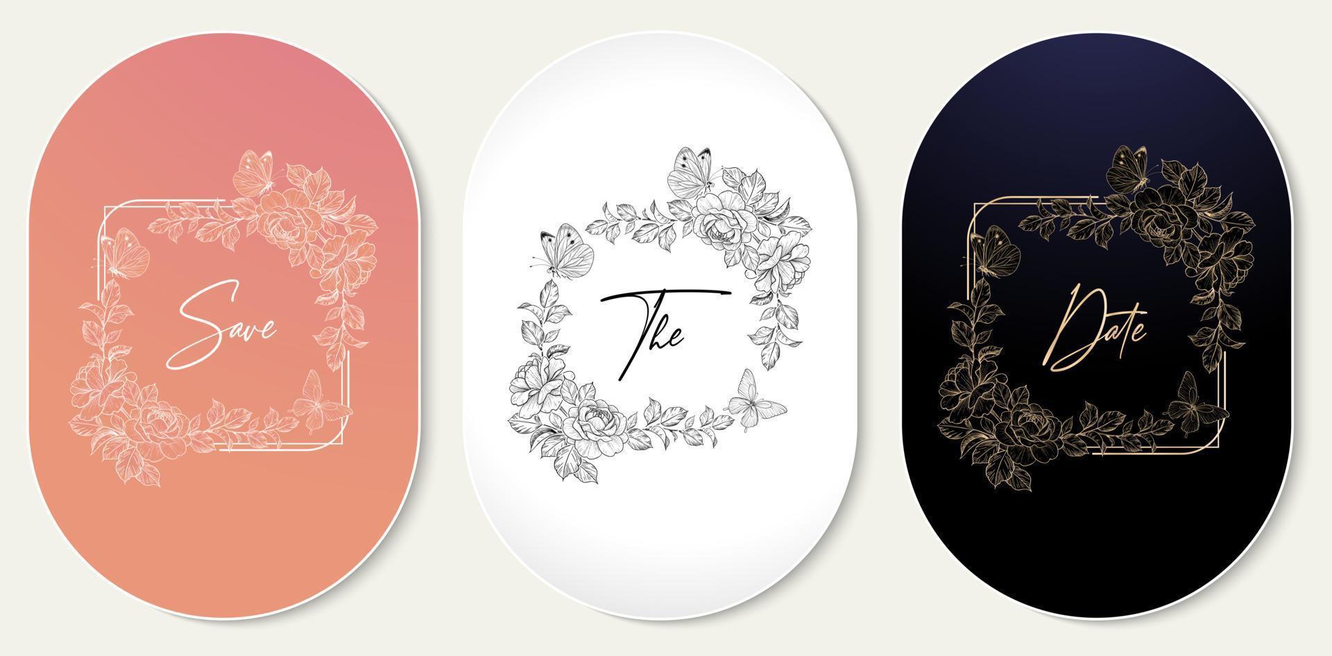 wreath rectangle frame with flower rose and butterfly vector isolated background applicable for greeting cards, wedding invitation, initial name on your card label, letterpress and screen printing
