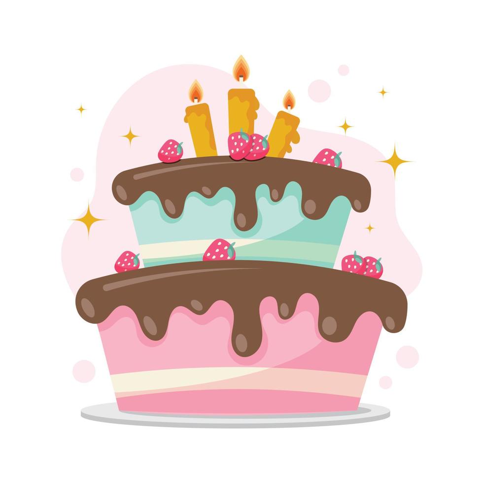 Cartoon Birthday cake with strawberry topping celebration candles and chocolate Colorful delicious desserts vector