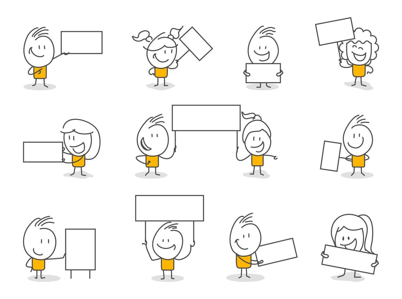 Stick figures. Blank banner set. Vector illustration of people holding blank.