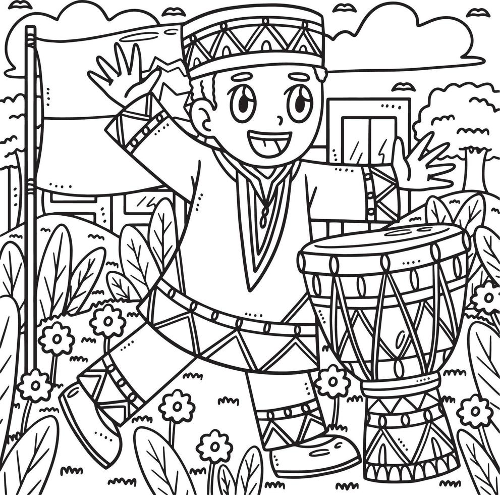 Juneteenth Boy Playing Djembe Coloring Page vector