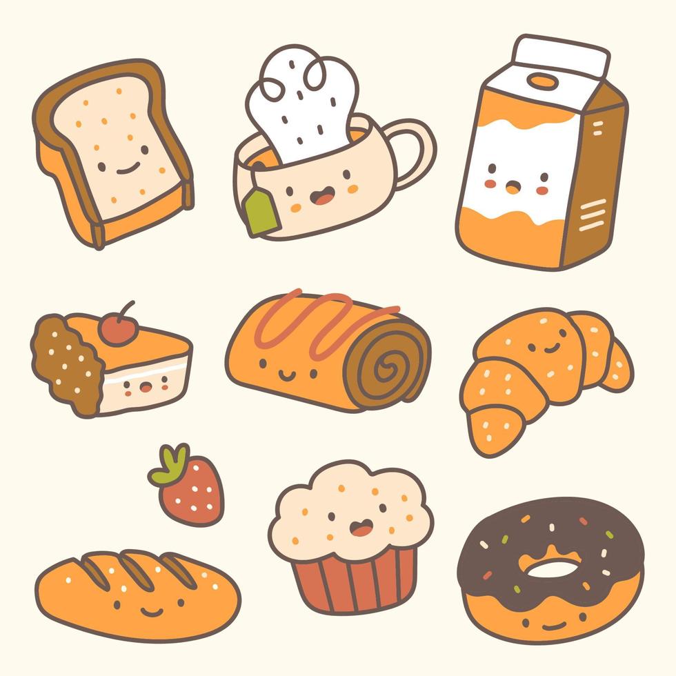 conjunto de panadería en kawaii estilo vector