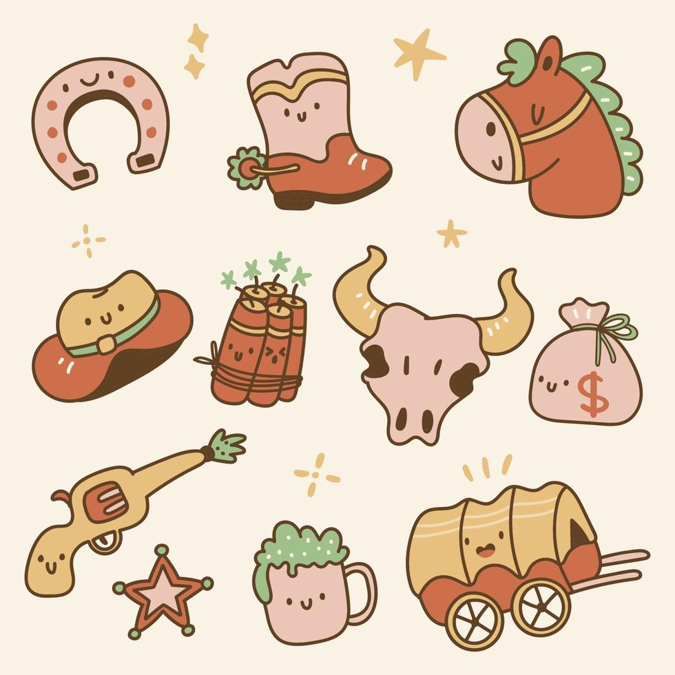 Set of Cowboy Element in Kawaii Style vector