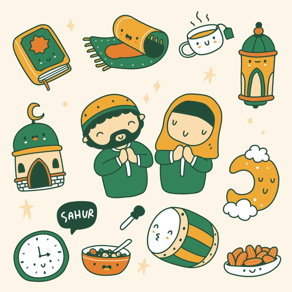 Set of Ramadan Illustration in Cartoon Style vector