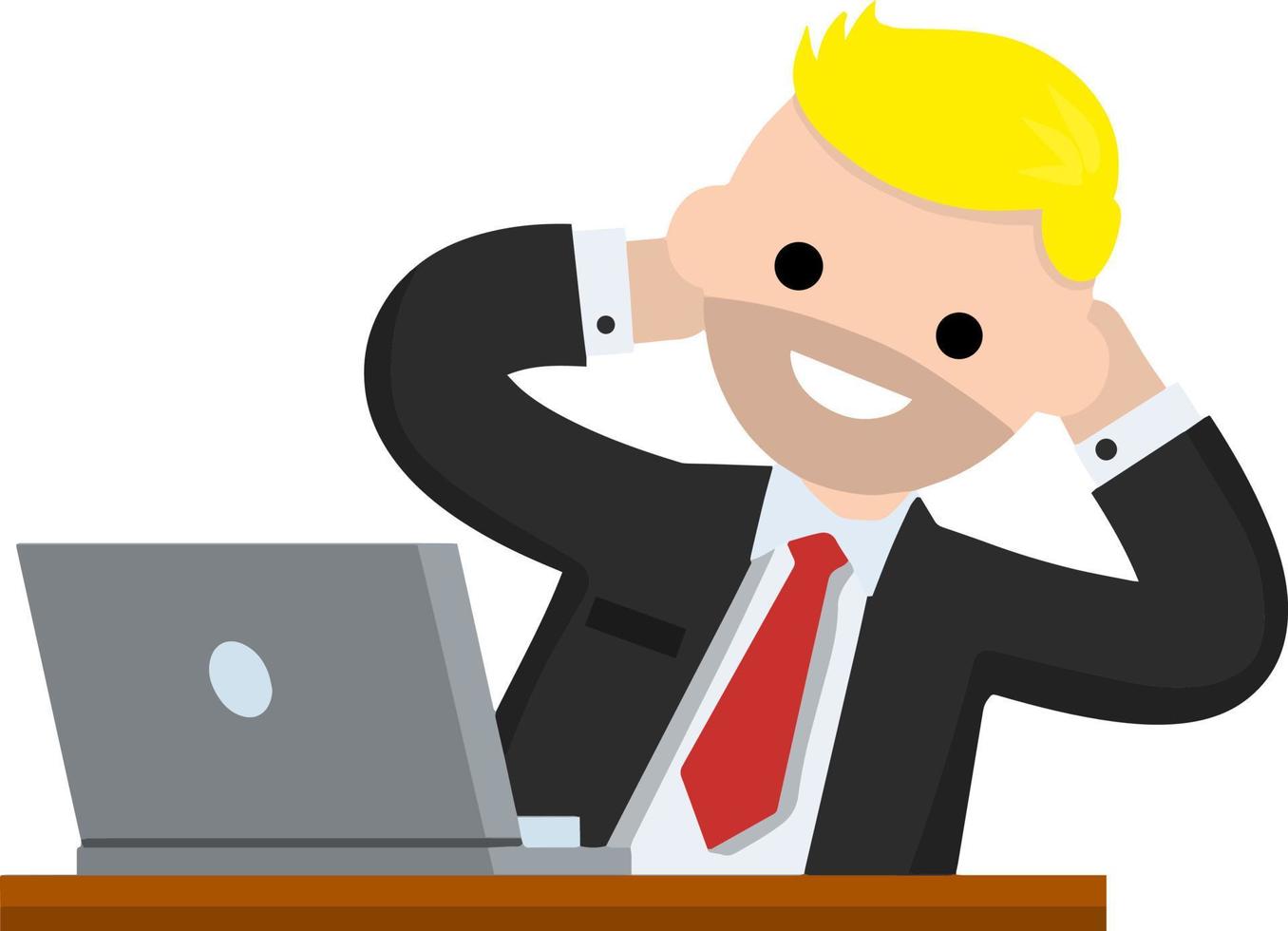 Successful businessman in suit. Gesture with hand behind head. Rest at work with computer on table. Happy man in tie. Business or pleasure. Cartoon flat illustration vector