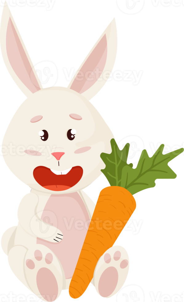 Bunny Character. Sitting and Laughing Funny, Happy Easter Cartoon Rabbit with Carrot. PNG