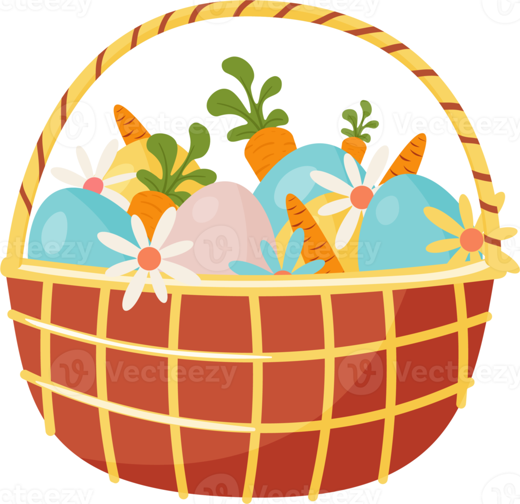 Basket with Eggs, Carrots and Flowers. PNG
