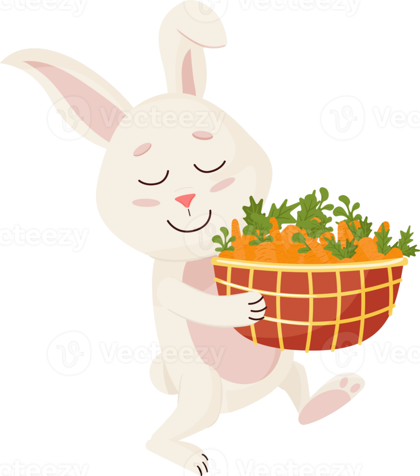 Bunny Character. Sitting and Laughing Funny, Happy Easter Cartoon Rabbit goes with Carrots Basket.PNG png