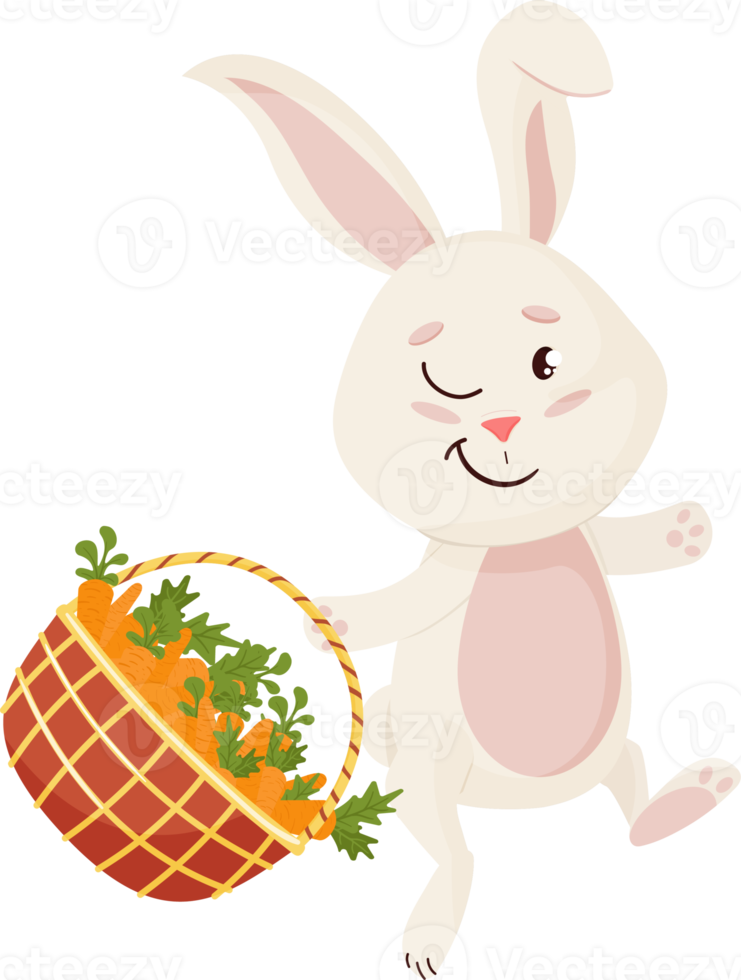 konijn karakter. zittend en lachend grappig, gelukkig Pasen tekenfilm konijn gaat met wortels mand.png png
