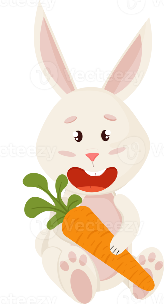 coniglietto carattere. seduta e ridendo divertente, contento Pasqua cartone animato coniglio con carota. png