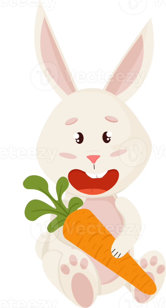 Bunny Character. Sitting and Laughing Funny, Happy Easter Cartoon Rabbit with Carrot. PNG