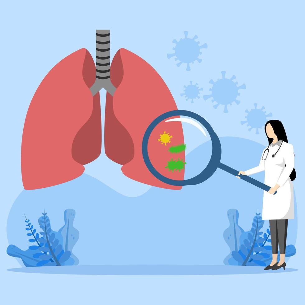 Respiratory system problems concept. The doctor examines the lungs with a magnifying glass. Tuberculosis, pneumonia, Pulmonology, treatment or diagnosis of lung cancer. Organ examination. vector