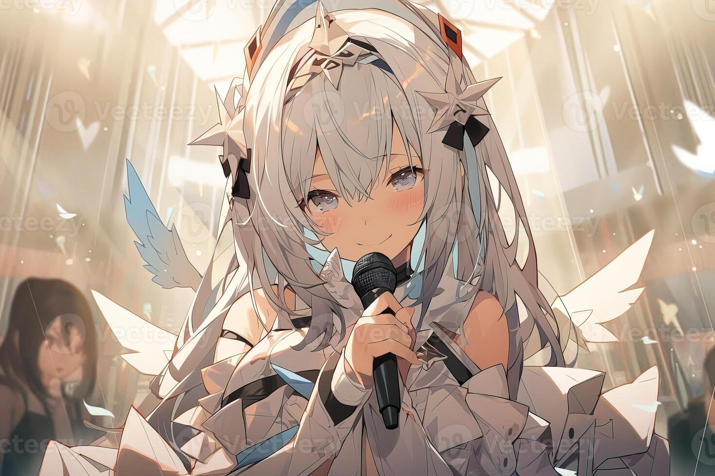 Pretty anime girl in angelic outfit holding a microphone. . photo